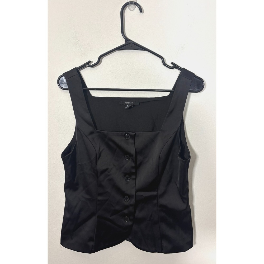 Forever 21 Black Silky Button Up Vest Women's Size Large